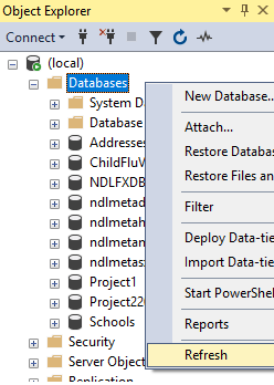Picture showing the Refresh Databases Option in SQL Server Management Studio. 